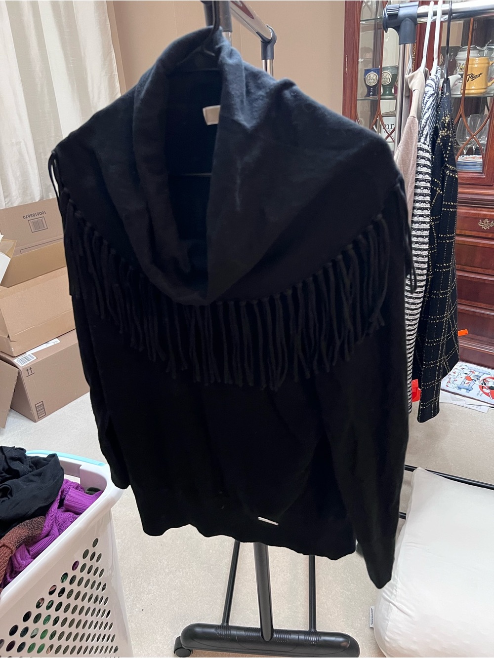 MICHAEL Michael Kors Black Fringe Hooded Cape